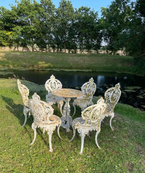 fig 1. Charming set of six late 19thc cast iron garden chairs and rare late 19thc cast iron  Coalbrookdale garden table