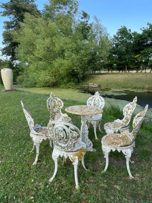 fig 2. Charming set of six late 19thc cast iron garden chairs and rare late 19thc cast iron  Coalbrookdale garden table