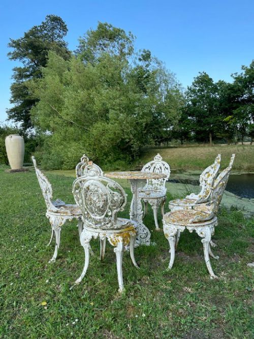 fig 3. Charming set of six late 19thc cast iron garden chairs and rare late 19thc cast iron  Coalbrookdale garden table