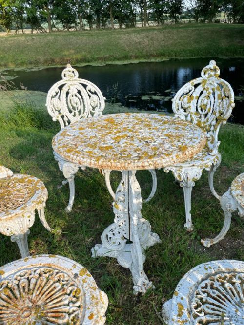 fig 4. Charming set of six late 19thc cast iron garden chairs and rare late 19thc cast iron  Coalbrookdale garden table