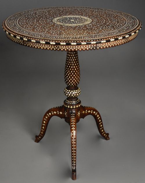 fig 1. Rare, superb quality late 19thc Anglo Indian Hoshiarpur circular hardwood inlaid occasional table