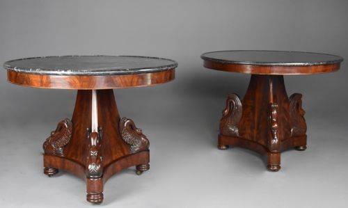 fig 1. Fine quality near pair of 19thc French Empire mahogany gueridon tables with carved swan decoration 