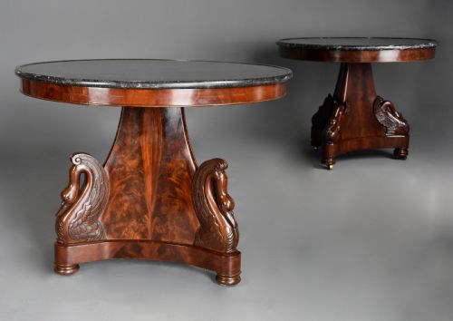fig 2. Fine quality near pair of 19thc French Empire mahogany gueridon tables with carved swan decoration 