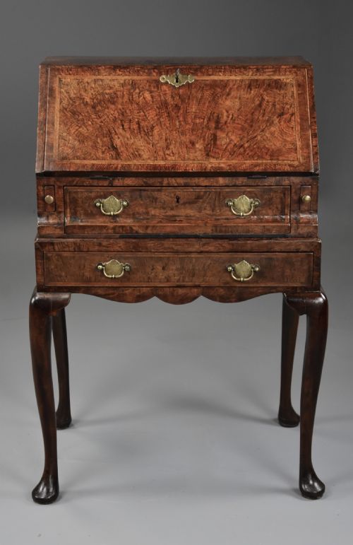 fig 1. Extremely rare George I pollard oak bureau on stand of superb patina and small proportions