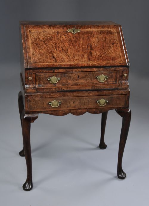 fig 3. Extremely rare George I pollard oak bureau on stand of superb patina and small proportions