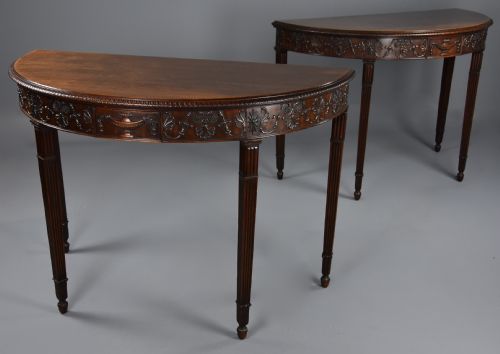fig 1. Superb pair of fine quality late 19th century mahogany demi-lune console tables in the Adam style