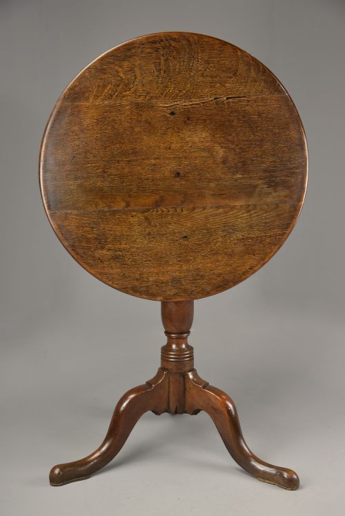 fig 1. Mid 18th century oak tilt top tripod table of fine patina