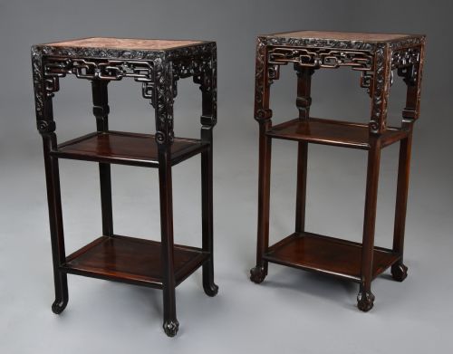LATE 19TH CENTURY MATCHED PAIR OF FREESTANDING CHINESE HARDWOOD POT STANDS