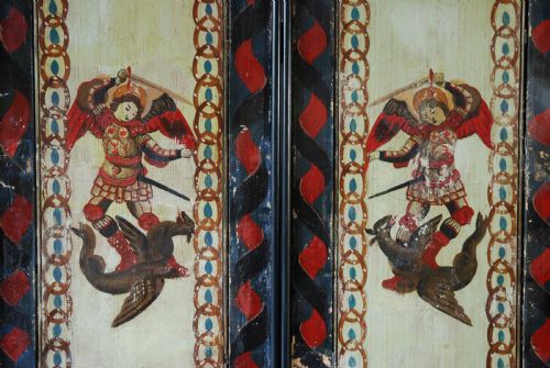 SET OF TWELVE HIGHLY DECORATIVE LATE 18THC NAIVELY PAINTED PINE PANELS DEPICTING ST MICHAEL - ADDITIONAL PHOTO 4