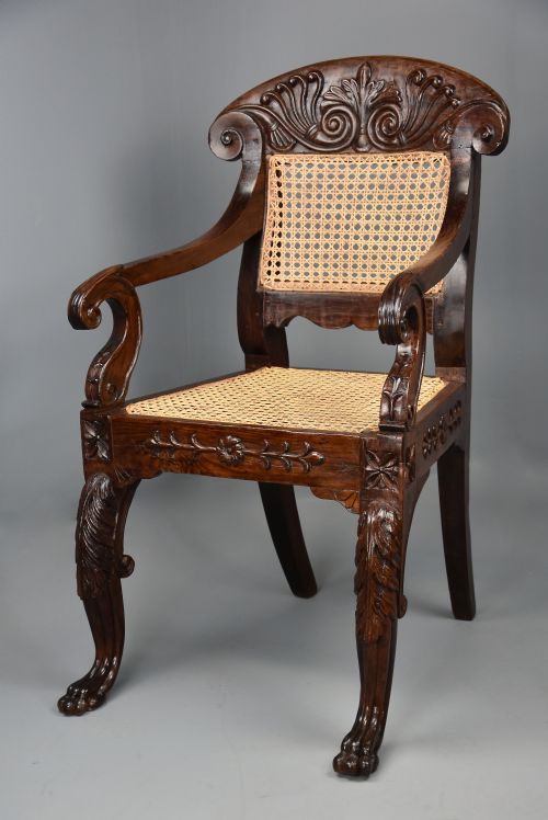 MID 19TH CENTURY ANGLO INDIAN CARVED PADOUK OPEN ARMCHAIR WITH ENGLISH REGENCY INFLUENCES - ADDITIONAL PHOTO 4