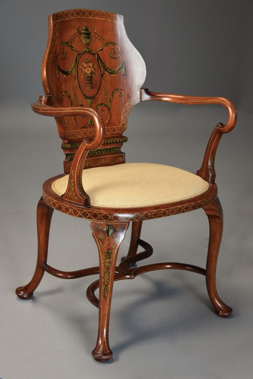 HIGHLY DECORATIVE EDWARDIAN SATINWOOD PAINTED ARMCHAIR IN THE GEORGIAN STYLE