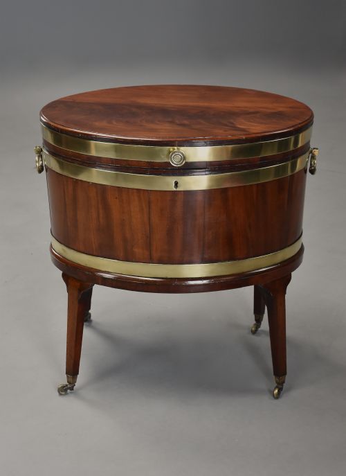 LARGE LATE 18TH CENTURY MAHOGANY BRASS BOUND OVAL CELLARETTE OR WINE COOLER OF FINE PATINA - ADDITIONAL PHOTO 5