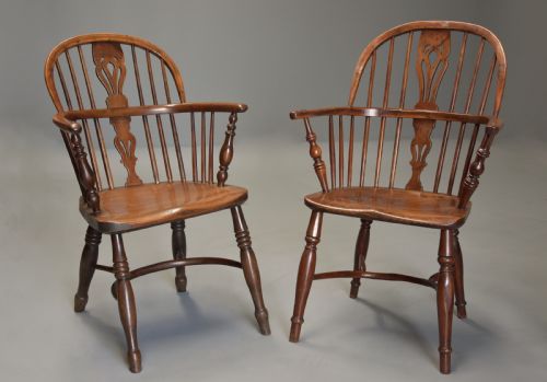 fig 2. Mid 19th century well matched set of six yew wood low back Windsor armchairs