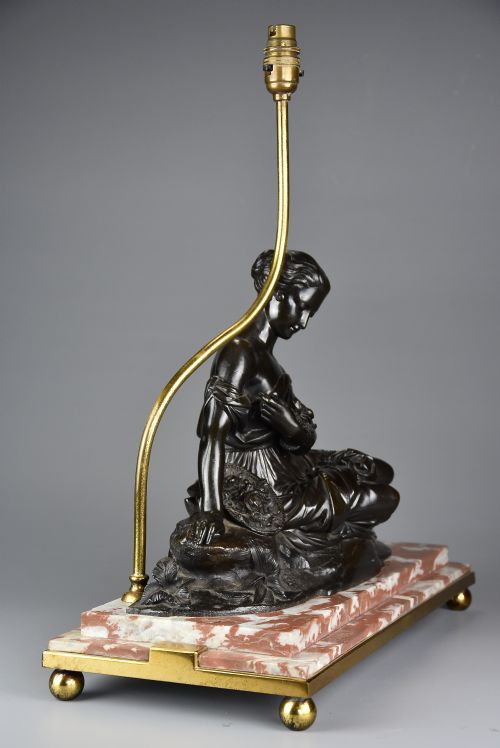 Early 20th Century Fine Quality French Bronze & Marble Table Lamp of a Classical Female
