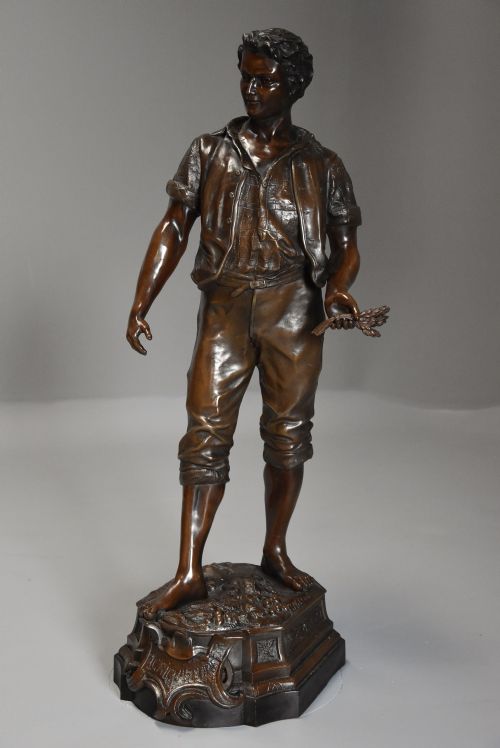 LARGE LATE 19TH CENTURY FRENCH BRONZED SPELTER FIGURE OF A FARM LABOURER SIGNED FMILLIOT - ADDITIONAL PHOTO 3