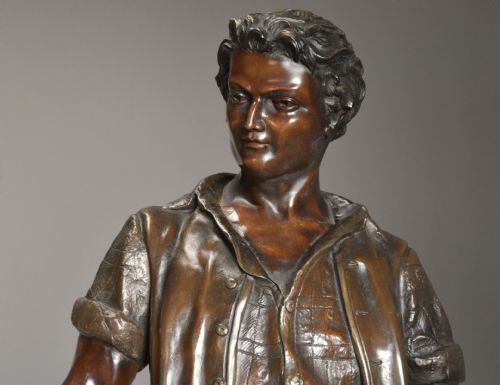 LARGE LATE 19TH CENTURY FRENCH BRONZED SPELTER FIGURE OF A FARM LABOURER SIGNED FMILLIOT - ADDITIONAL PHOTO 4