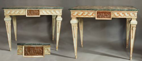 PAIR OF HIGHLY DECORATIVE EARLY 20TH CENTURY ITALIAN HAND PAINTED CONSOLE TABLES WITH SPECIMEN MARBLE TOPS - ADDITIONAL PHOTO 1