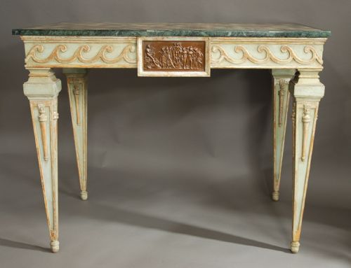 PAIR OF HIGHLY DECORATIVE EARLY 20TH CENTURY ITALIAN HAND PAINTED CONSOLE TABLES WITH SPECIMEN MARBLE TOPS - ADDITIONAL PHOTO 3