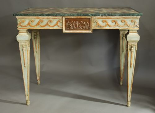 PAIR OF HIGHLY DECORATIVE EARLY 20TH CENTURY ITALIAN HAND PAINTED CONSOLE TABLES WITH SPECIMEN MARBLE TOPS - ADDITIONAL PHOTO 4