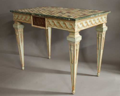 PAIR OF HIGHLY DECORATIVE EARLY 20TH CENTURY ITALIAN HAND PAINTED CONSOLE TABLES WITH SPECIMEN MARBLE TOPS - ADDITIONAL PHOTO 5
