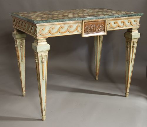 PAIR OF HIGHLY DECORATIVE EARLY 20TH CENTURY ITALIAN HAND PAINTED CONSOLE TABLES WITH SPECIMEN MARBLE TOPS - ADDITIONAL PHOTO 6