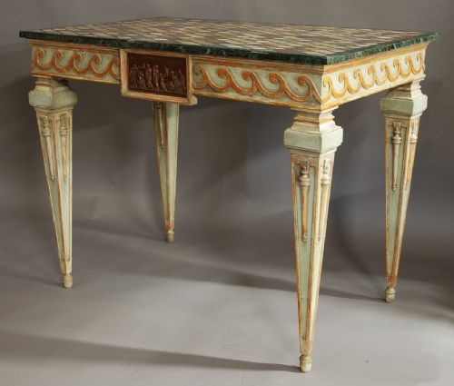PAIR OF HIGHLY DECORATIVE EARLY 20TH CENTURY ITALIAN HAND PAINTED CONSOLE TABLES WITH SPECIMEN MARBLE TOPS - ADDITIONAL PHOTO 7