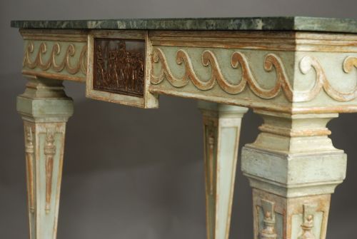 PAIR OF HIGHLY DECORATIVE EARLY 20TH CENTURY ITALIAN HAND PAINTED CONSOLE TABLES WITH SPECIMEN MARBLE TOPS - ADDITIONAL PHOTO 8