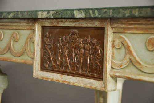 PAIR OF HIGHLY DECORATIVE EARLY 20TH CENTURY ITALIAN HAND PAINTED CONSOLE TABLES WITH SPECIMEN MARBLE TOPS - ADDITIONAL PHOTO 9