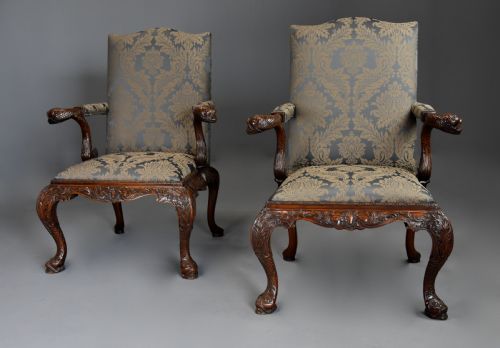 fig 1. Superb quality pair of late 19th century George II style mahogany Gainsborough open armchairs
