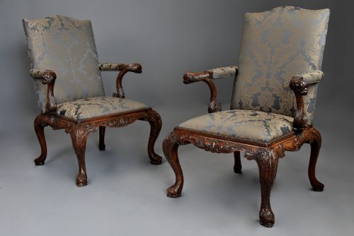 fig 3. Superb quality pair of late 19th century George II style mahogany Gainsborough open armchairs