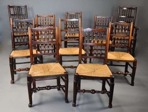 fig 2. Mid 19th century matched set of ten ash, elm & sycamore spindle back chairs of superb patina