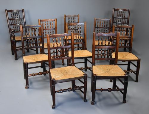 fig 3. Mid 19th century matched set of ten ash, elm & sycamore spindle back chairs of superb patina
