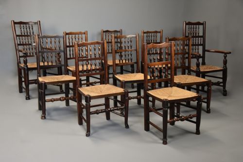 fig 4. Mid 19th century matched set of ten ash, elm & sycamore spindle back chairs of superb patina