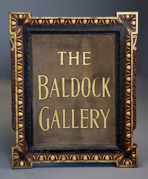 EARLY 20TH CENTURY CARVED WOOD PAINTED GILDED SHOP SIGN OF THE BALDOCK GALLERY