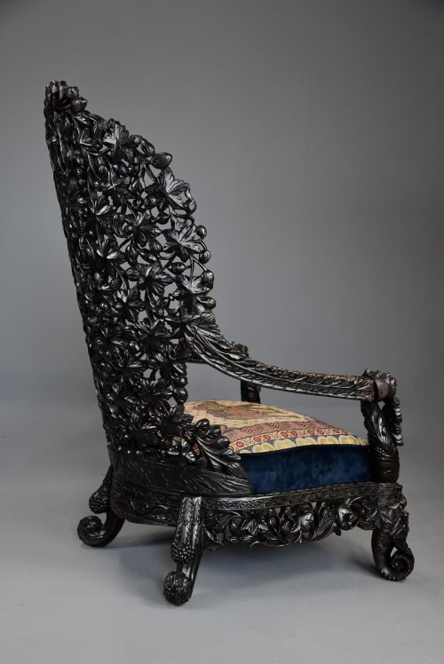 RARE HIGHLY DECORATIVE MID 19TH CENTURY INDIAN CARVED BLACKWOOD ARMCHAIR OF SUPERB QUALITY - ADDITIONAL PHOTO 10