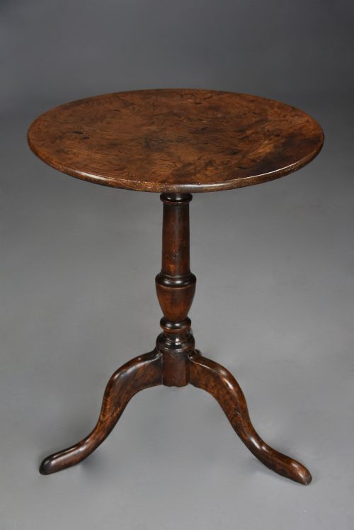 fig 1. Charming late 18th century burr oak tilt top tripod table of fine, faded patina