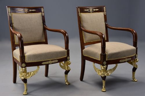 PAIR OF HIGHLY DECORATIVE LATE 19TH CENTURY FRENCH MAHOGANY OPEN ARMCHAIRS OR FAUTEUILS IN THE EMPIRE STYLE - ADDITIONAL PHOTO 4