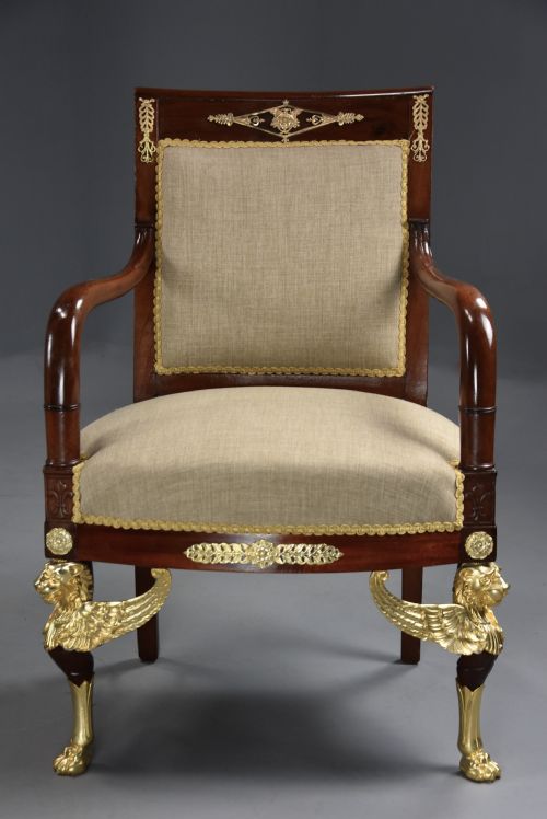 PAIR OF HIGHLY DECORATIVE LATE 19TH CENTURY FRENCH MAHOGANY OPEN ARMCHAIRS OR FAUTEUILS IN THE EMPIRE STYLE - ADDITIONAL PHOTO 7