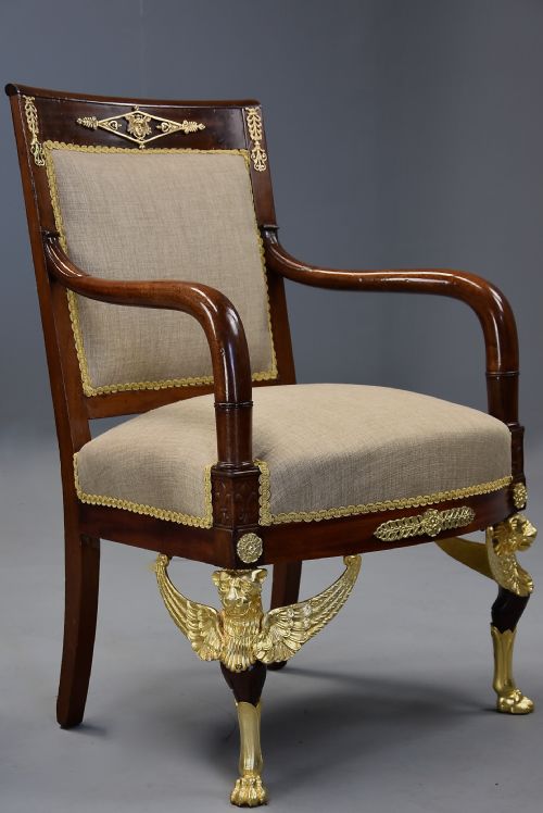 PAIR OF HIGHLY DECORATIVE LATE 19TH CENTURY FRENCH MAHOGANY OPEN ARMCHAIRS OR FAUTEUILS IN THE EMPIRE STYLE - ADDITIONAL PHOTO 8
