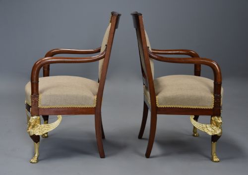 PAIR OF HIGHLY DECORATIVE LATE 19TH CENTURY FRENCH MAHOGANY OPEN ARMCHAIRS OR FAUTEUILS IN THE EMPIRE STYLE - ADDITIONAL PHOTO 12