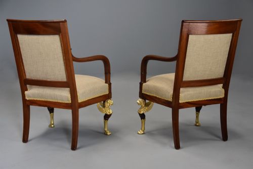 PAIR OF HIGHLY DECORATIVE LATE 19TH CENTURY FRENCH MAHOGANY OPEN ARMCHAIRS OR FAUTEUILS IN THE EMPIRE STYLE - ADDITIONAL PHOTO 13