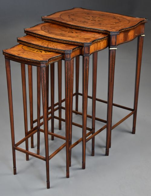 ELEGANT FINE QUALITY EDWARDIAN QUARTETTO NEST OF INLAID SATINWOOD TABLES OF SERPENTINE FORM IN THE SHERATON STYLE