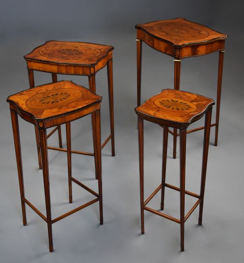 ELEGANT FINE QUALITY EDWARDIAN QUARTETTO NEST OF INLAID SATINWOOD TABLES OF SERPENTINE FORM IN THE SHERATON STYLE - ADDITIONAL PHOTO 3