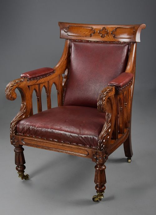 EXCEPTIONAL 19TH CENTURY GOTHIC REVIVAL OAK LIBRARY ARMCHAIR OF GENEROUS PROPORTIONS - ADDITIONAL PHOTO 1