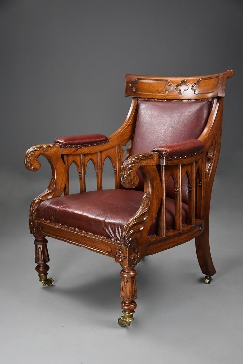 EXCEPTIONAL 19TH CENTURY GOTHIC REVIVAL OAK LIBRARY ARMCHAIR OF GENEROUS PROPORTIONS - ADDITIONAL PHOTO 2