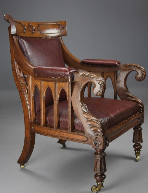 EXCEPTIONAL 19TH CENTURY GOTHIC REVIVAL OAK LIBRARY ARMCHAIR OF GENEROUS PROPORTIONS - ADDITIONAL PHOTO 8