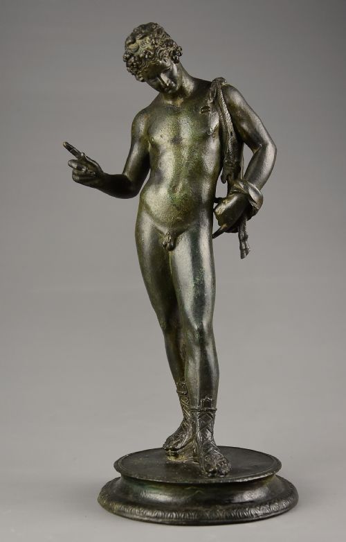 LATE 19TH CENTURY GRAND TOUR NEAPOLITAN BRONZE FIGURE OF NARCISSUS WITH DARK GREEN PATINATION