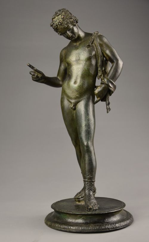 LATE 19TH CENTURY GRAND TOUR NEAPOLITAN BRONZE FIGURE OF NARCISSUS WITH DARK GREEN PATINATION - ADDITIONAL PHOTO 7