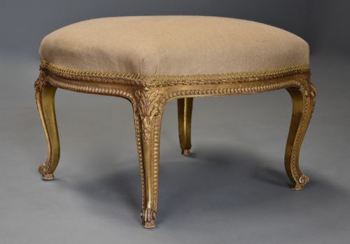 LARGE MID 19TH CENTURY FRENCH CARVED GILTWOOD STOOL STAMPED 'LOIDRAULT FRERES PARIS'