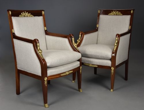 PAIR OF HIGHLY DECORATIVE EARLY 20TH CENTURY FRENCH MAHOGANY ARMCHAIRS IN THE EMPIRE STYLE